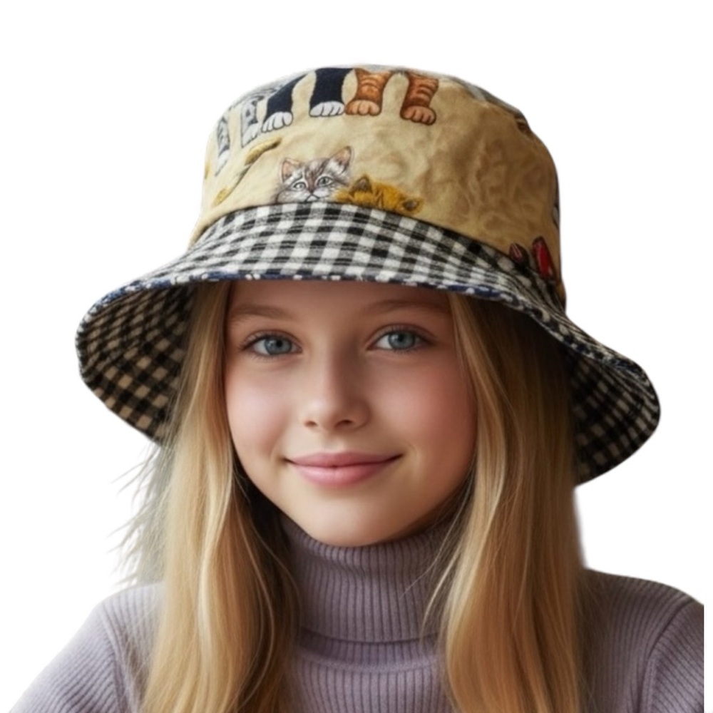 20" Kids Reversible Cat Print Checkered/Patriotic‎ Bucket Hat Hand Crafted